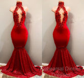 Trendy Mermaid Red Lace High Neck Semi Formal Prom Party Gowns| Red Semi Formal Prom Party Gowns